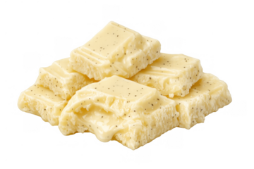White chocolate chunks with vanilla bean speckles, stacking for a sweet dessert or confectionery treat on transparent background