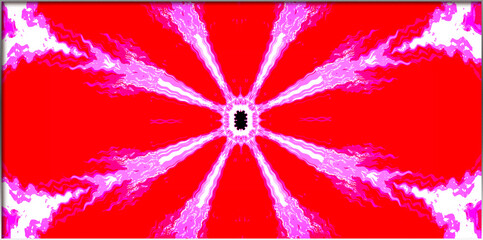 A striking burst of color radiates from the center, characterized by red and pink hues. The symmetrical design creates a sense of balance and energy.