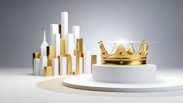 A luxurious gold crown sits atop a white pedestal next to a modern cityscape with sleek skyscrapers and golden accents in a bright clean environment.