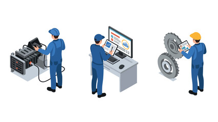 Isometric industrial workers engaged in engineering, equipment inspection, and data analysis