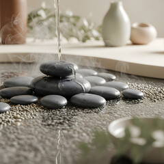 Smooth stones arranged with flowing water in a tranquil spa setting  