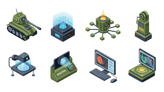 Isometric futuristic military technology and communication devices set