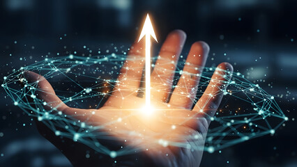 Hand Holding Futuristic Technology with Glowing Network and Ascending Arrow