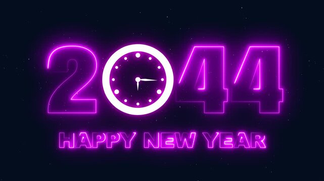 Happy New Year 2044 neon sign with clock striking midnight