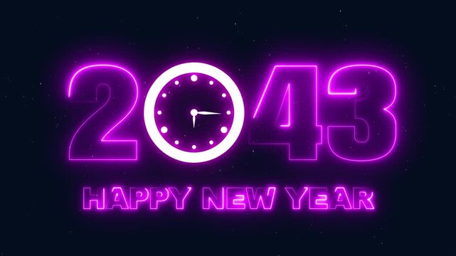 Neon Happy New Year 2043 Glowing Purple Clock Numbers Celebration
