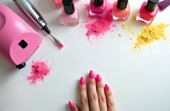 Nail art tools, colorful powders are laid out on white surface. Bottles of pink, orange nail polish stand near manicure device, brush with pink powder. Woman hand with bright pink nails is visible.