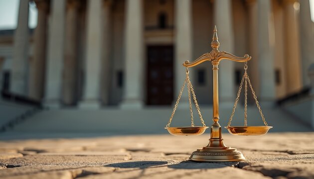 Golden scales of justice stand before grand courthouse columns, representing legal proceedings, court decisions, legal rights. Fairness, balance, law. Law firm consultation banner, legal advice