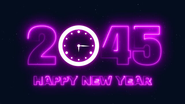 Happy New Year 2045 neon sign with clock striking midnight, futuristic celebration
