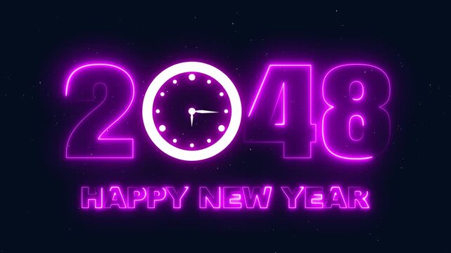 Happy New Year 2048 neon sign with clock striking midnight