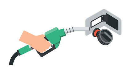 Hand refueling at gas station pump with green nozzle in modern flat design