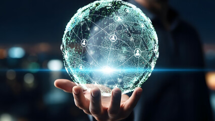 A person holding a glowing globe with network connections in a cityscape at night