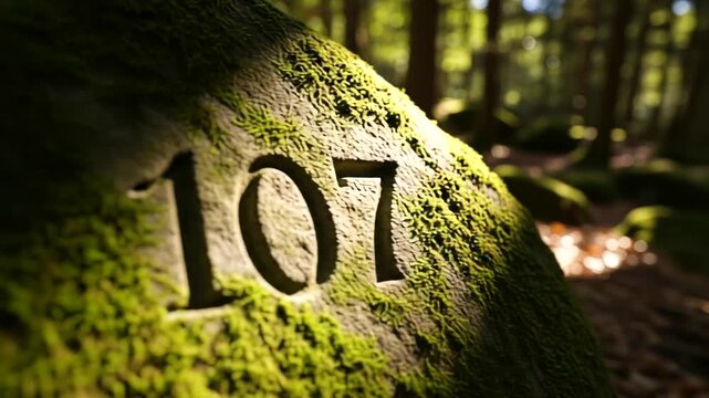 Moss Covered Stone With Number 107 In A Sunlit Forest.