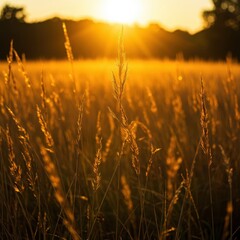 Warm golden hour sunlight streaming over tall dry field grasses creating a beautiful, peaceful, and vibrant summer atmosphere, bokeh, abstract, vibrant