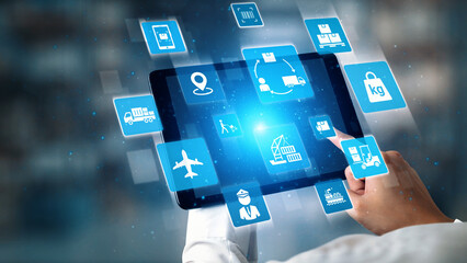 Logistics icons illustrate delivery, supply chain, warehouse, and shipping. Logistics connects...