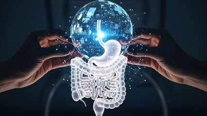 Human hands cradling a glowing blue globe with a visible digestive system inside
