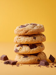 Stack of Fresh Baked Chocolate Chip Cookies on Yellow Background 