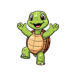 Fototapeta premium A cheerful anthropomorphic cartoon turtle mascot, featuring vibrant lime green skin and a glossy brown shell, stands exuberantly on a transparent background, arms raised in a welcoming gesture concept