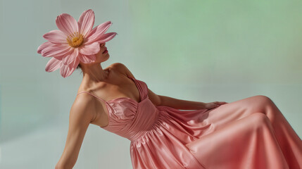 Woman with flower head wearing dress in a colorful setting with flowers and a table displaying nature theme