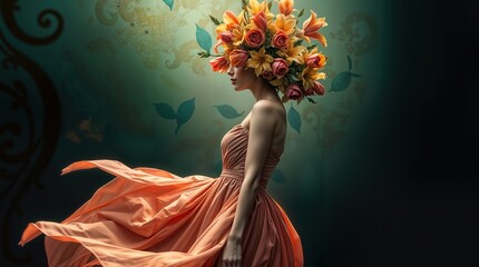 Woman with flower head wearing dress in a colorful setting with flowers and a table displaying nature theme