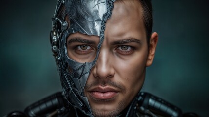 Close-up of a human-machine hybrid with metallic parts and human features, showcasing advanced technology and emotions