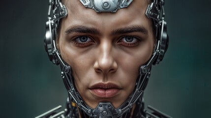 Close-up of a human-machine hybrid with metallic parts and human features, showcasing advanced technology and emotions