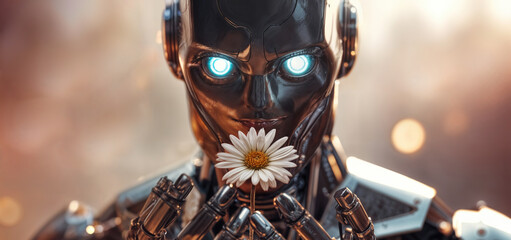 A robot stands in a dimly lit environment, holding a flower gently in its hands. The robot's eyes glow blue and it has a metallic body.