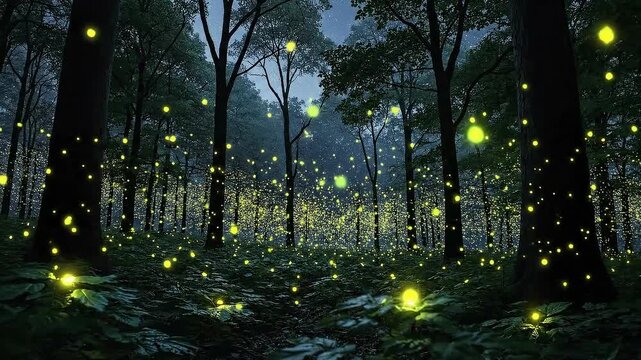 Fireflies glowing in deep dark forest
