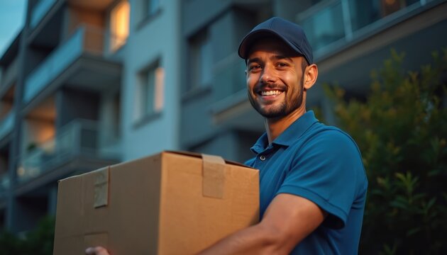 Smiling delivery man in blue cap and polo shirt carries cardboard box near apartment building. Young male courier brings package to client outside residential complex. Happy worker provides service.
