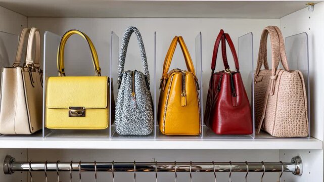 Colorful designer handbags arranged neatly on shelf in fashionable boutique setting