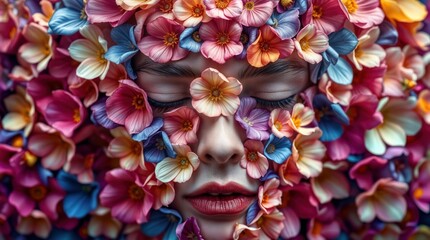 A woman's face is covered with various flowers in shades of pink, white, and orange. The floral arrangement creates a striking visual effect. This artwork explores themes of nature and identity.