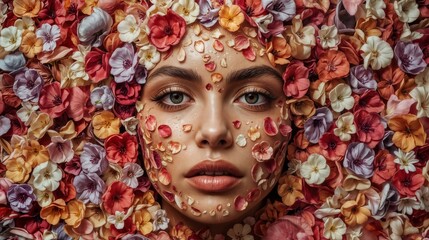 A woman's face is covered with various flowers in shades of pink, white, and orange. The floral arrangement creates a striking visual effect. This artwork explores themes of nature and identity.