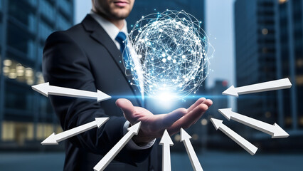 Man in suit holding a glowing orb with arrows emanating from it in a cityscape