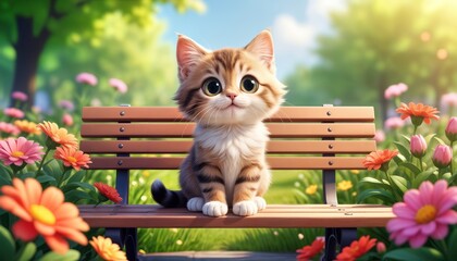 Cute cartoon kitten sitting on a bench surrounded by colorful flowers in a sunny park setting