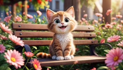 A cartoon kitten sits on a wooden bench in a park. Flowers bloom around the bench, and sunlight fills the scene. The kitten looks happy and playful.