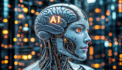 A sleek robotic head is shown, featuring a transparent skull and a glowing brain labeled AI. The background consists of illuminated technology elements, creating a futuristic atmosphere.