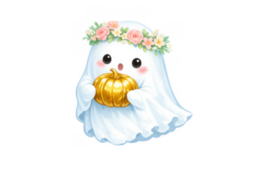 Cute ghost illustration wearing a floral crown holding a golden pumpkin, celebrating halloween in a cheerful autumn style