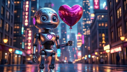 A shiny robot stands in a vibrant city at night, holding a glowing heart balloon. Colorful city lights create a cheerful and inviting atmosphere around it.