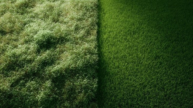 Top view split screen comparison of grass textures. Overgrown field with dry weeds and perfect manicured green lawn. Gardening and landscaping concept.