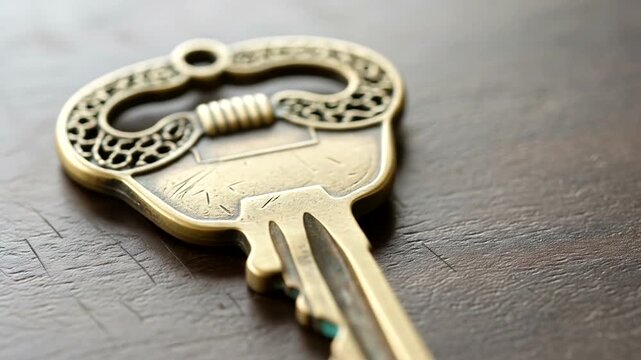 Ornate Vintage Skeleton Key Close-Up on Dark Surface.