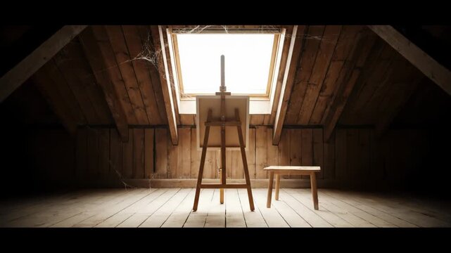 Dust motes dance in light from an attic window. An artist's easel and supplies await inspiration.