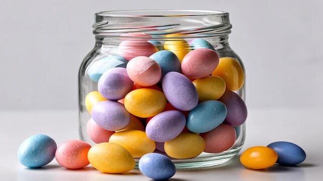 Colorful candy jar sequences: sweet pastel eggs rolling out on a white surface