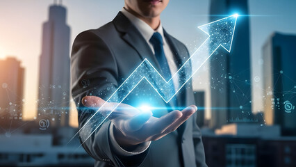 Businessman holding a glowing graph with upward trend in cityscape