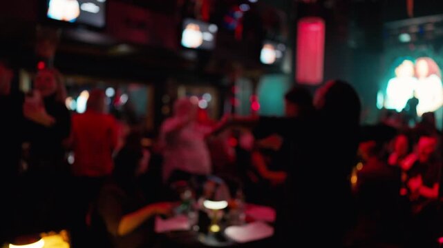 Vibrant dance party, Energetic dance space filled with animated figures and bright illumination