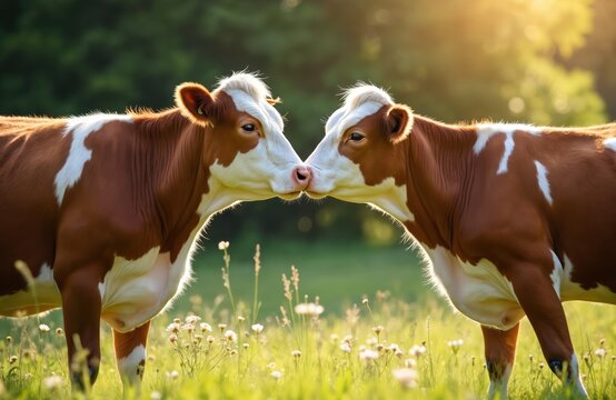 Two brown and white cows touch noses and kiss in a sunny green meadow with small white flowers. Cattle graze peacefully in a field during golden hour light. Farm animals show affection outdoors.
