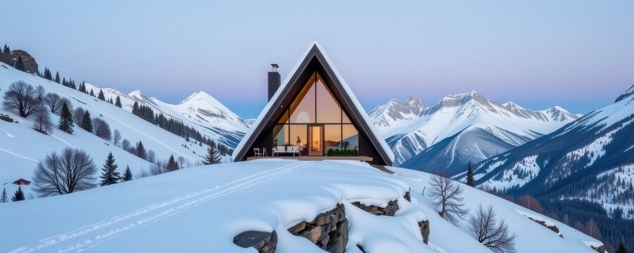 Modern triangular roof house nestled in a snowy mountain range, minimalist architecture against a dramatic winter landscape, peaceful, remote