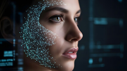 Futuristic Facial Recognition Technology Close-up View of a Woman's Face with Digital Data Points