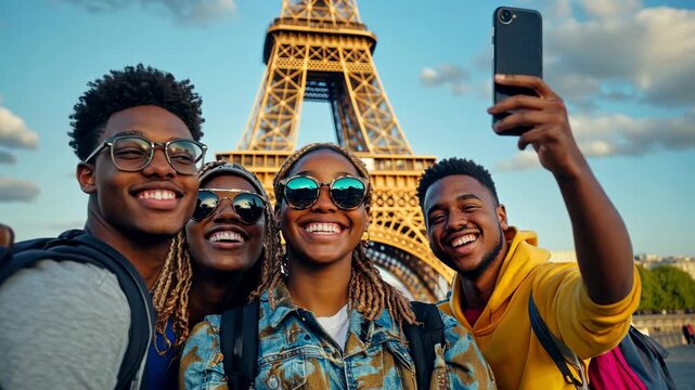 Group of friends taking a joyful selfie in front of eiffel tower at sunset