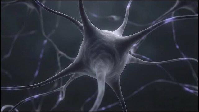 A neuron cell with multiple dendrites is shown in a microscopic view, surrounded by other neural connections in a dark environment.