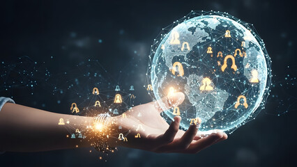 A hand holding a glowing globe surrounded by floating icons in a dark space