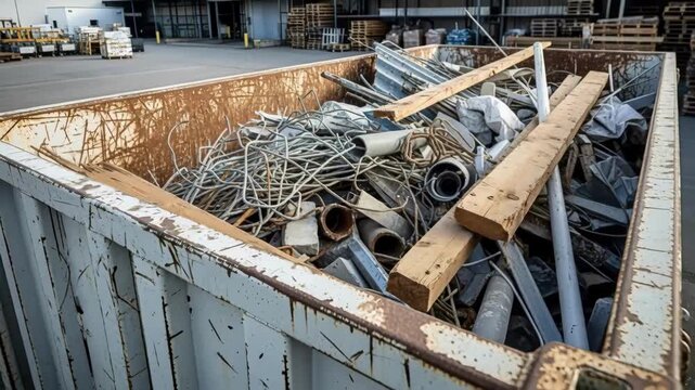 Industrial waste container filled with mixed construction materials. Rusty dumpster overflowing with metal, wood, and demolition debris at a commercial site. Recycling and disposal concept